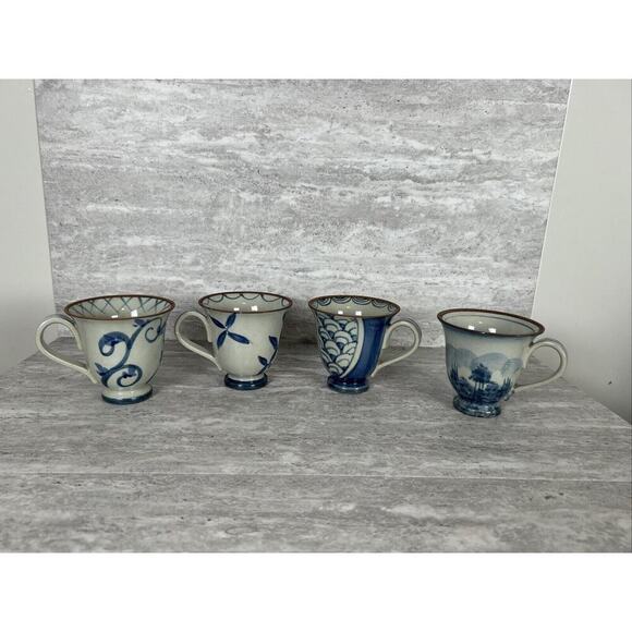 Stoneware Pedestal Mugs Blue Scroll/Floral Print Set of‎ 4 - Picture 1 of 16